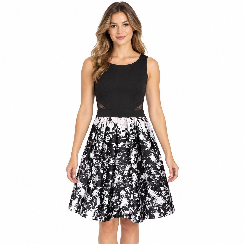 Xscape Size 4 Black White Floral Fit & Flare Dress Sheer Mesh Side Cocktail Glam
